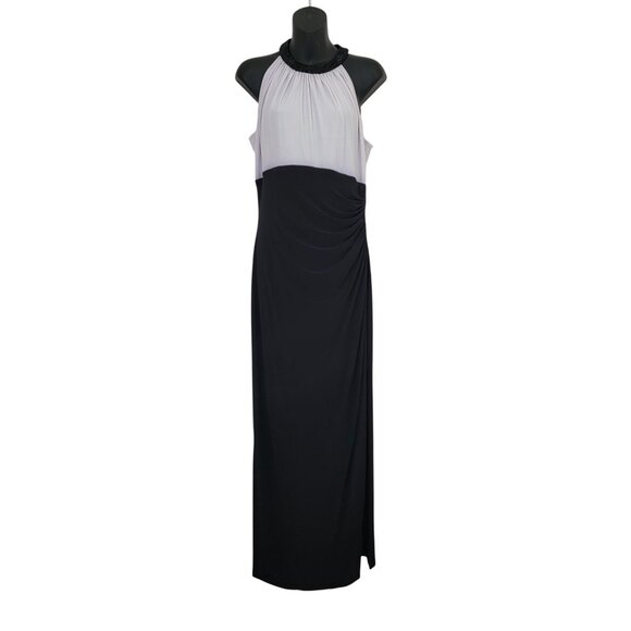 LAUREN Ralph Lauren Evening Black/White Maxi Halter Dress Beaded Neckline Sz 10 - Picture 1 of 9